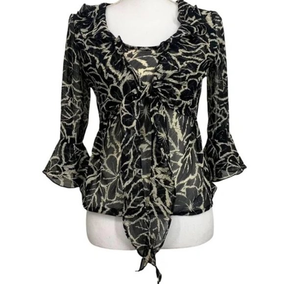 VERSATILE THREAD / Black & Cream Sheer Ruffle Front Tie Blouse - Picture 2 of 11